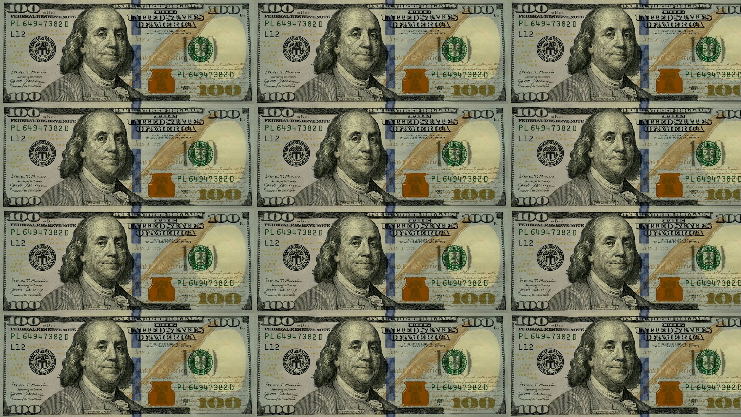 Multiple hundred-dollar bills arranged in a grid pattern with Benjamin Franklin's portrait, security features, and text visible.