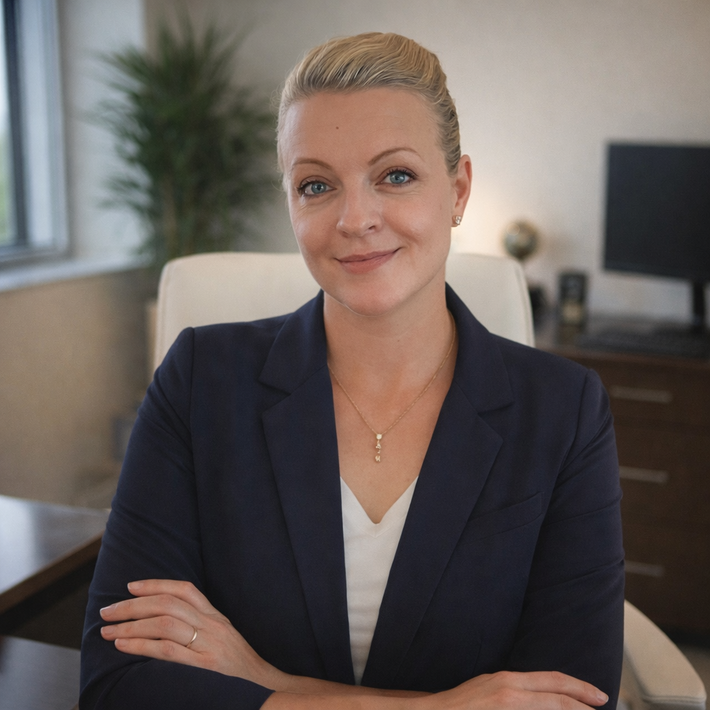 Portrait of a professional woman with blonde hair tied back, wearing a navy blazer and white shirt, sitting at a desk in an office environment with a window and a plant in the background.