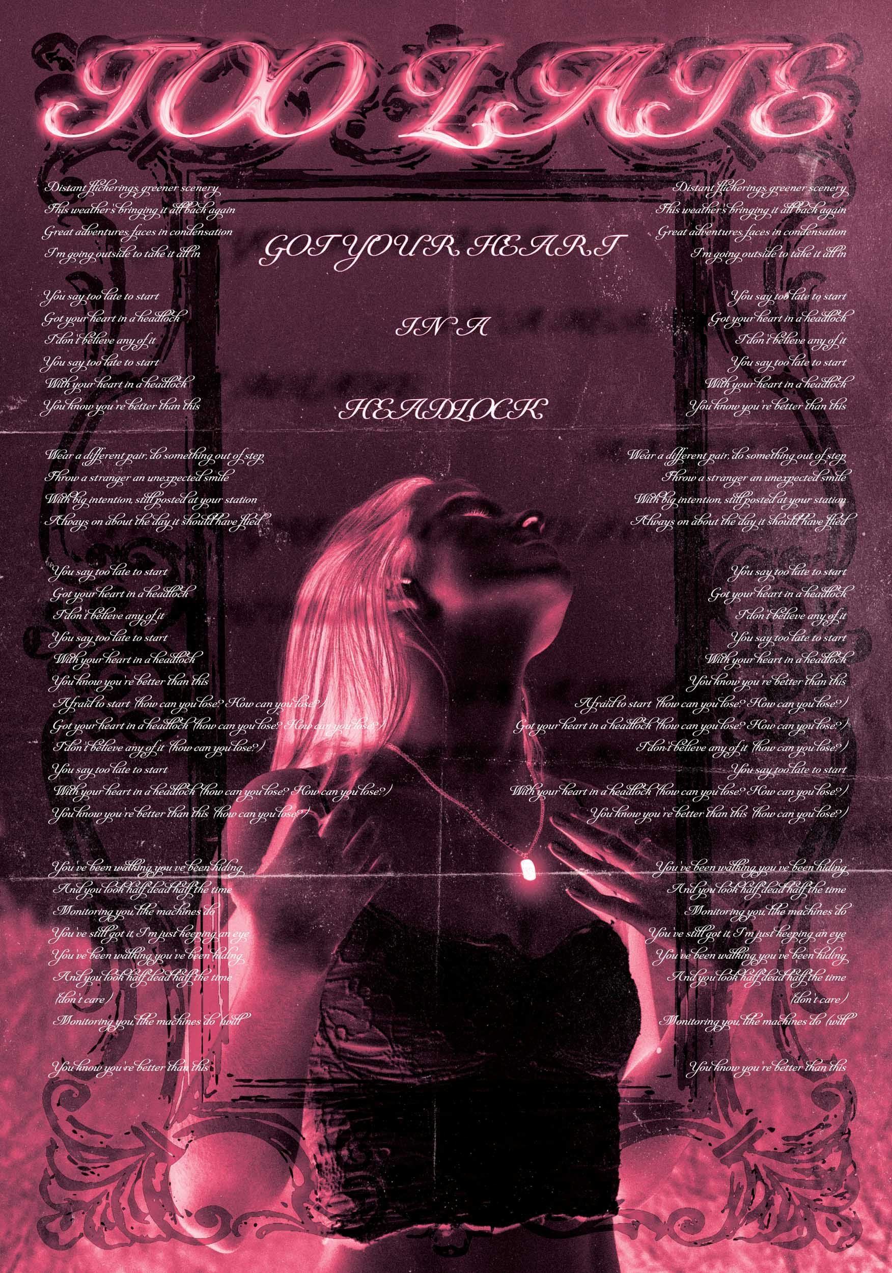 A pink and black artistic digital image featuring a woman with long hair, wearing a heart-shaped necklace, surrounded by poetic text and neon pink cursive words at the top that say "Too Love". The background has decorative floral patterns and mirrored text.