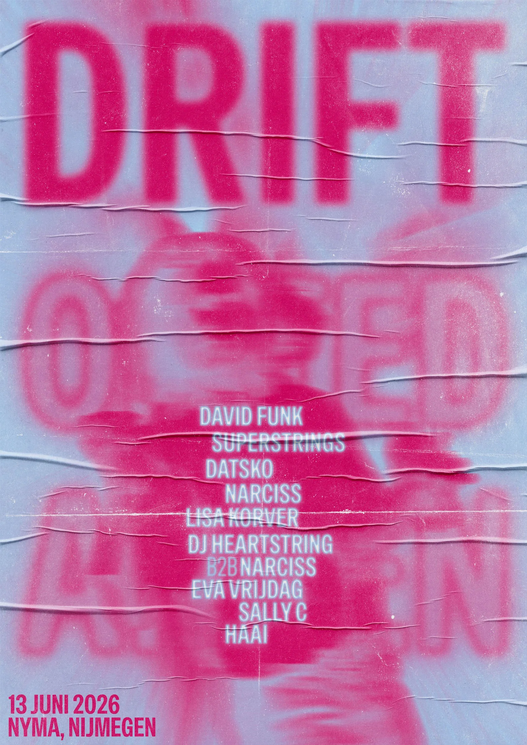 Pink graffiti poster advertising a music event with a list of performers, date, and location.