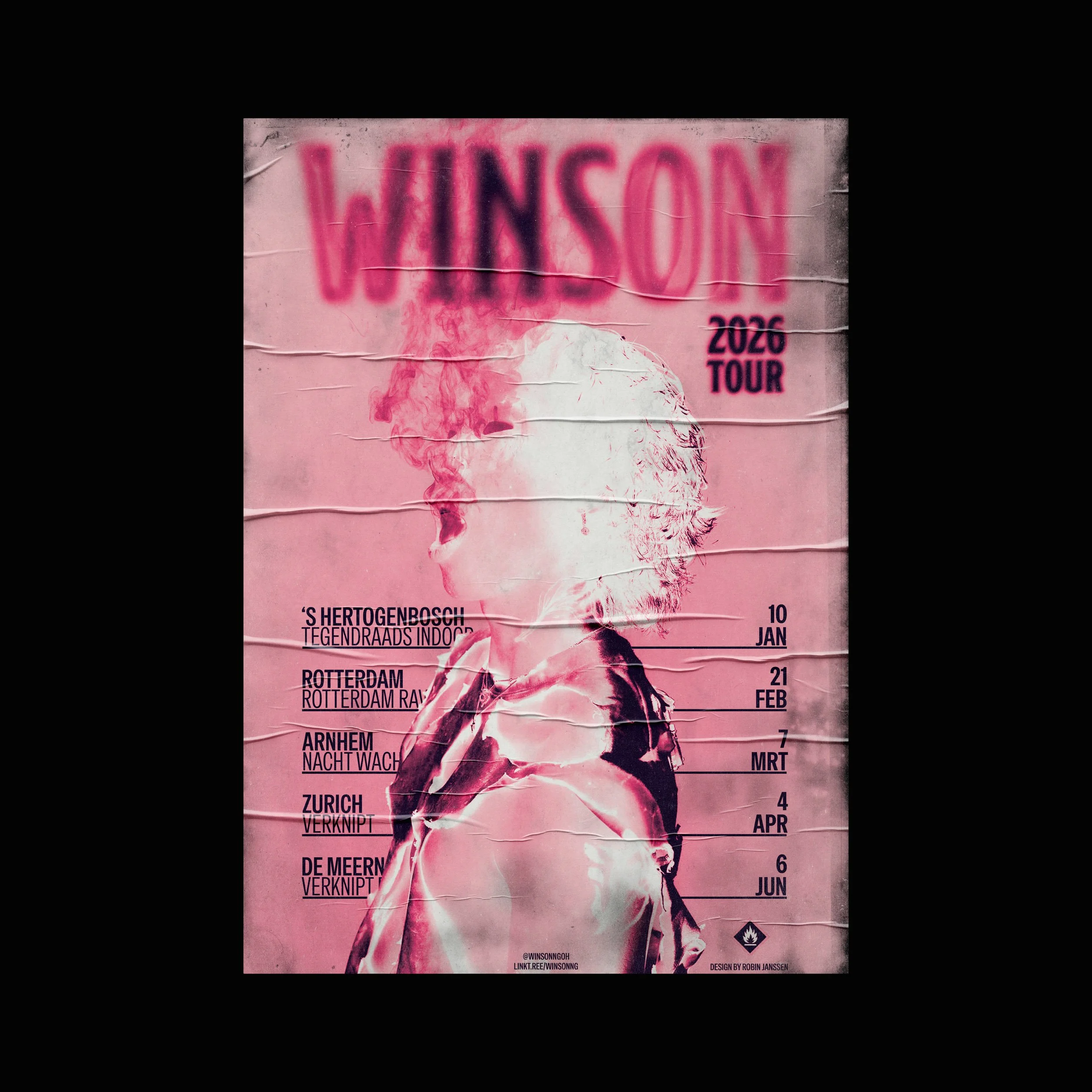 Pink promotional poster for Winson's 2026 tour featuring a stylized image of a person's profile with smoke coming from their mouth, and a list of tour cities and dates.