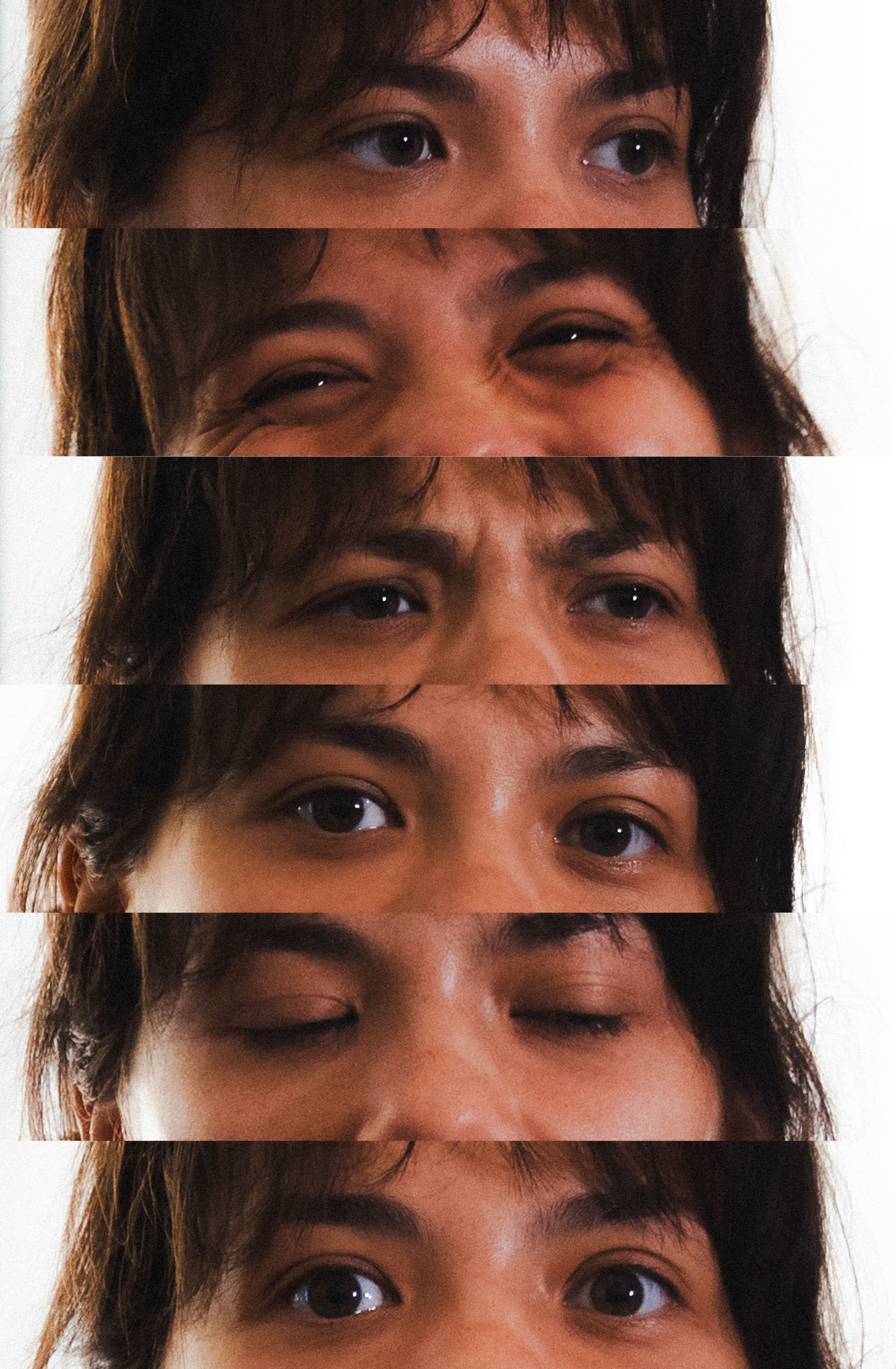 A collage of six close-up images of a person's eyes and eyebrows, depicting different expressions and eye movements.