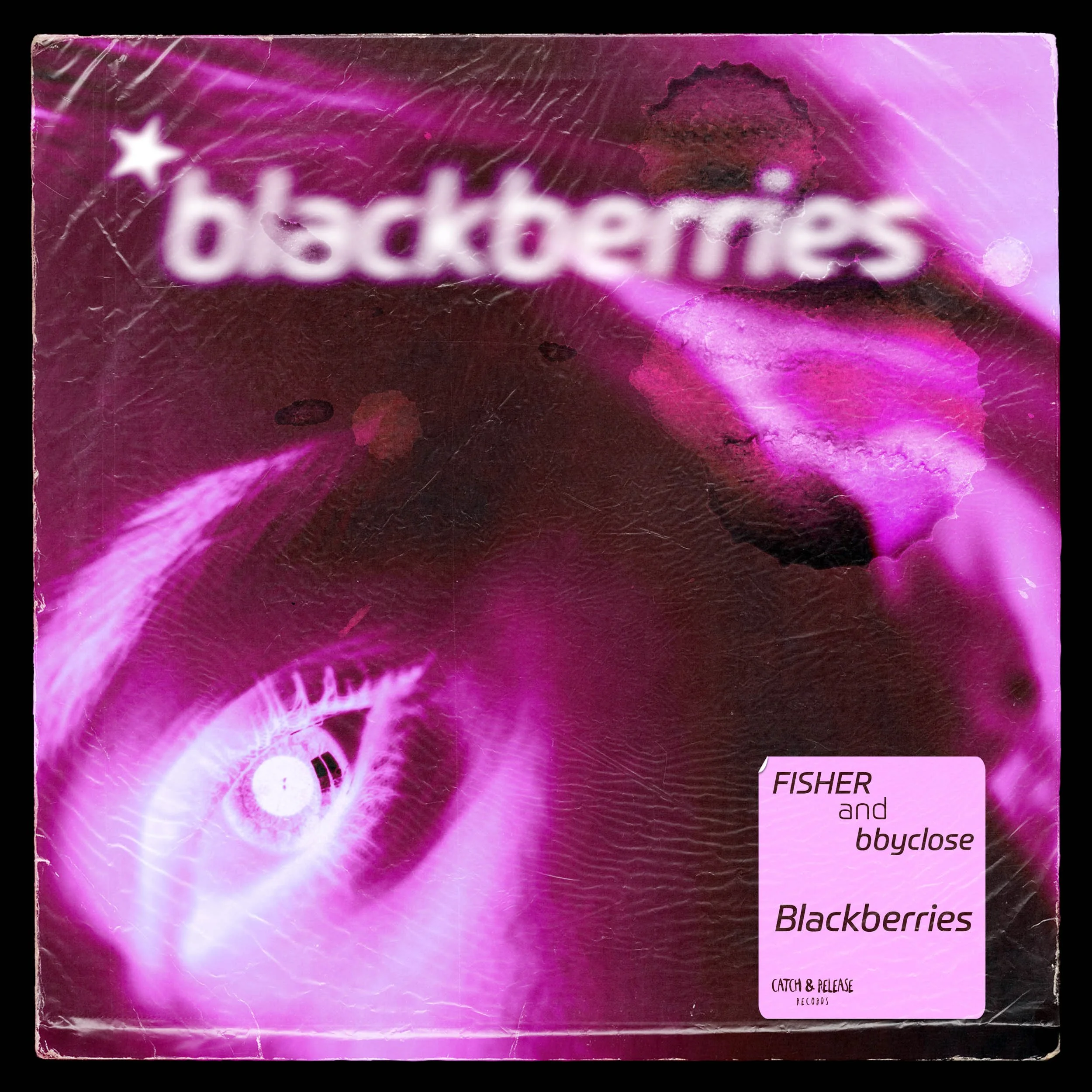 Album cover with a pink and purple color scheme, featuring a close-up of a woman's face with an intense eye, and the word 'baskberries' in a blurred, glowing font at the top. A small pink box with text in the bottom right corner reads 'Fisher and bbyclose Blackberrys, Catch & Release Records.'