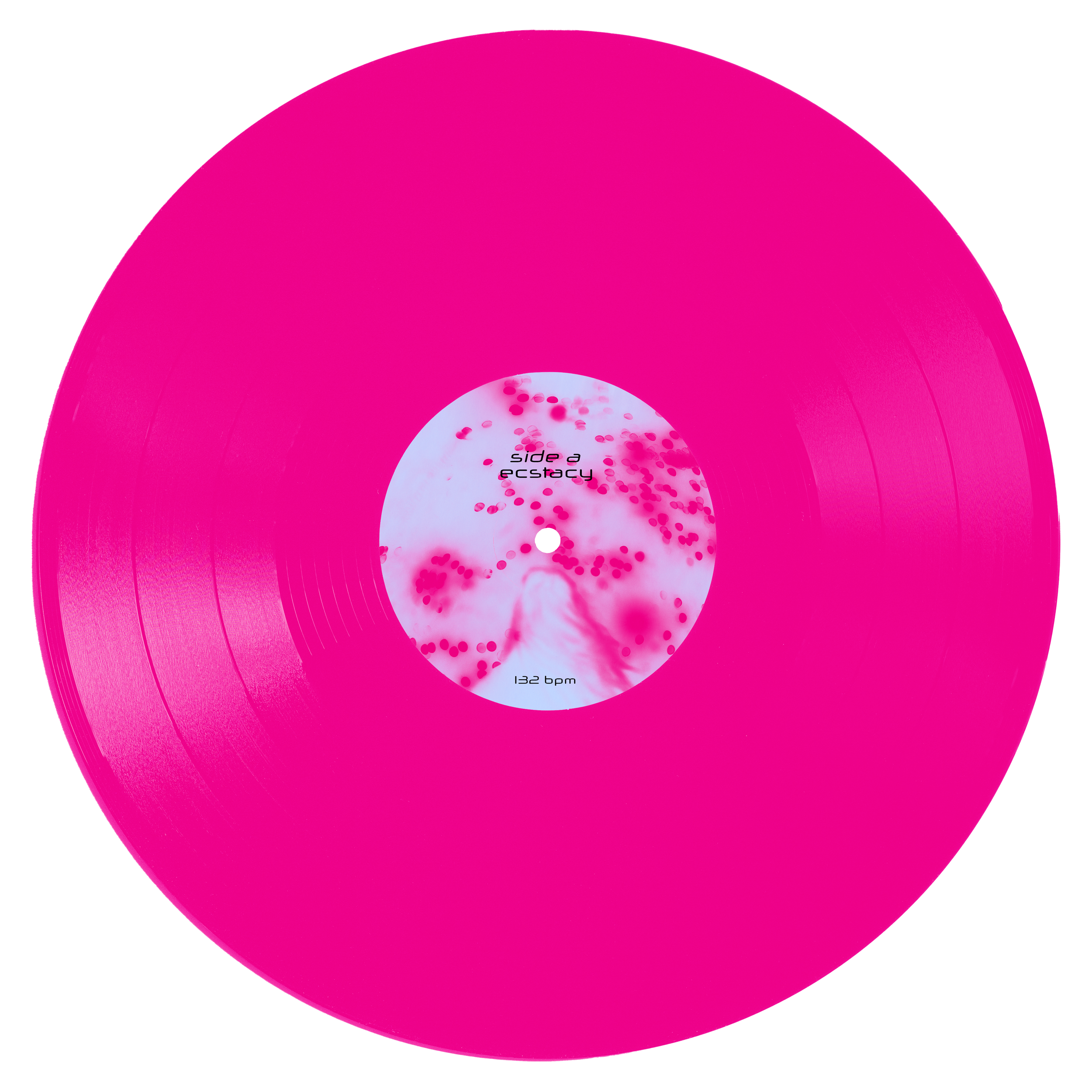 Pink vinyl record with a white label featuring pink abstract and dot pattern, and text that reads 'side a,' 'ecstasy,' and '132 bpm'.