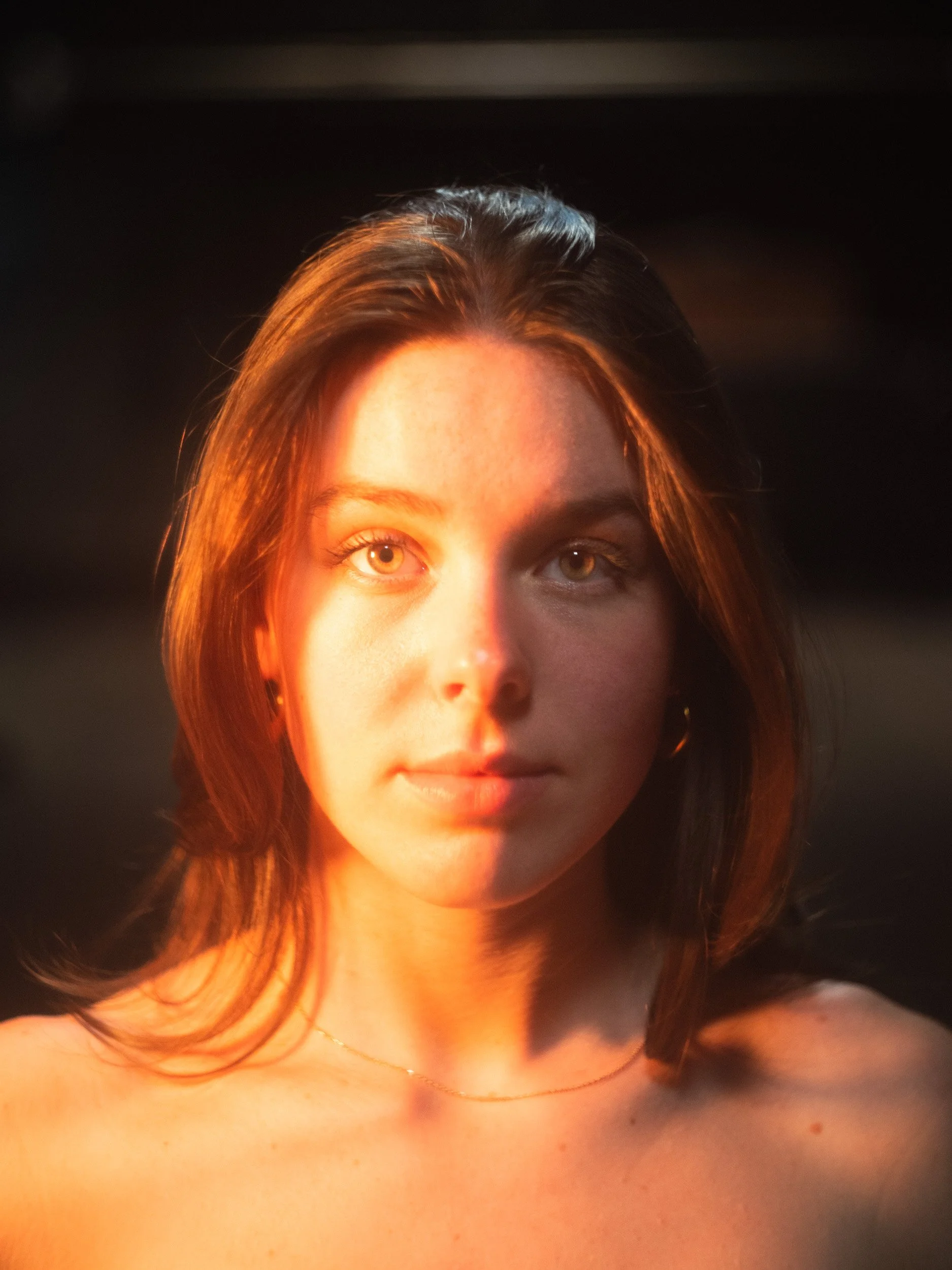 Close-up portrait of a young woman with shoulder-length brown hair, illuminated by warm sunlight, against a dark background.