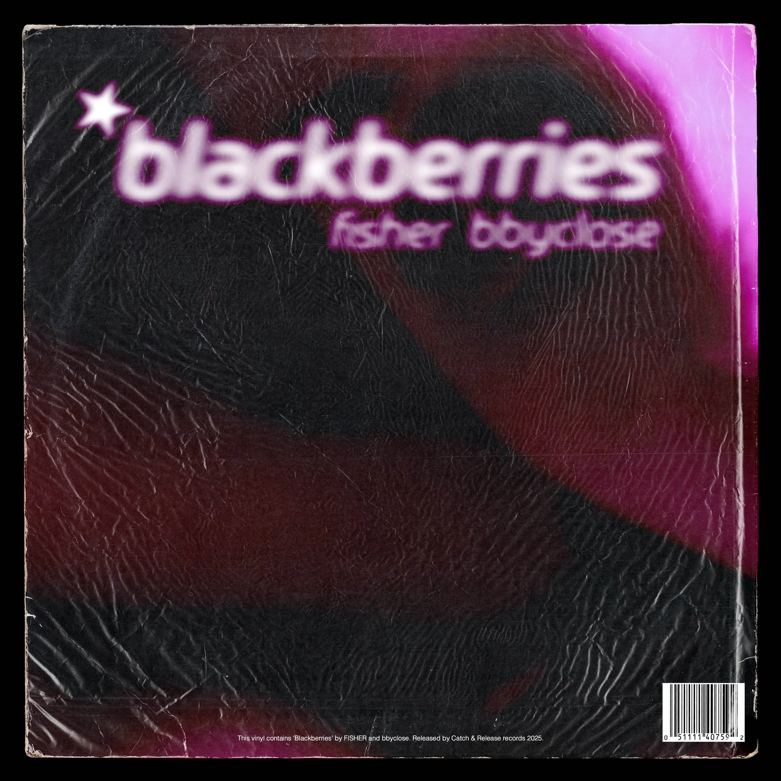 Blurred image of a vinyl record album cover with the text 'blackberries' and 'fisher babyclose' on it, in predominantly dark colors with pink and purple highlights, and a barcode at the bottom right corner.