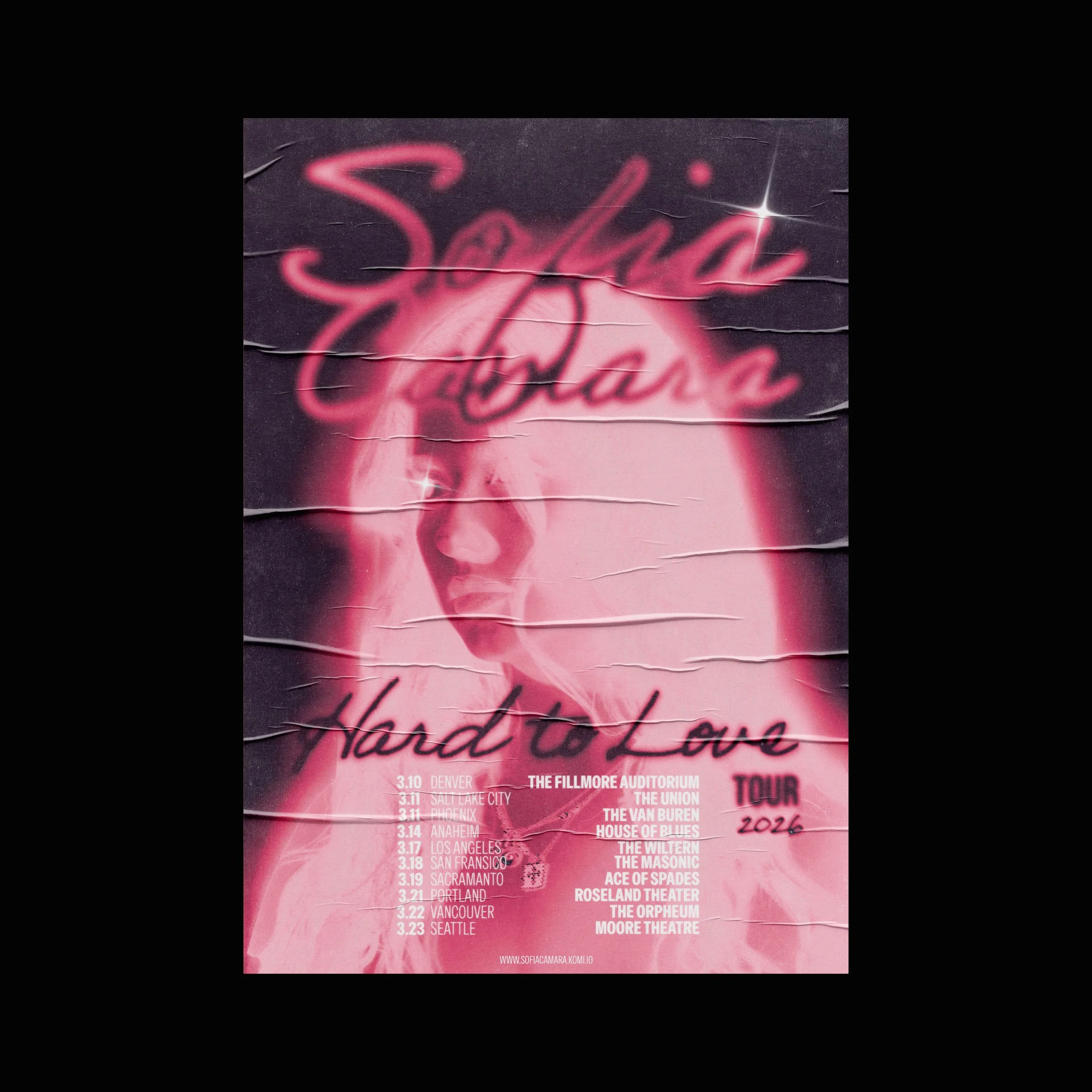 Pink neon-style poster for Sofía Camará's 'Hard to Love' tour with dates and venues listed.