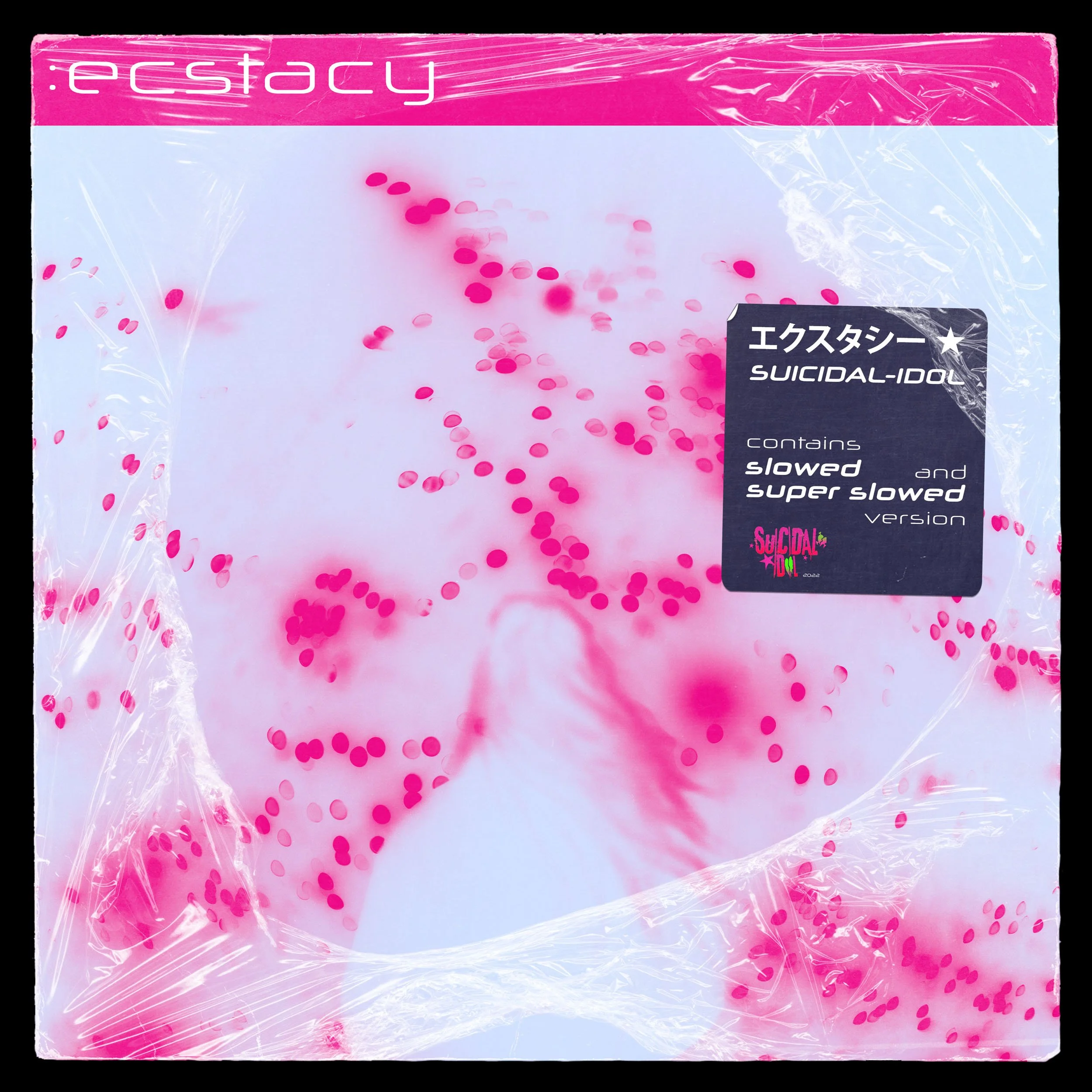 Pink album cover titled 'Ectasy' by SUICIDAL-IDOL, featuring scattered pink sequins and a black sticker with white and pink text.