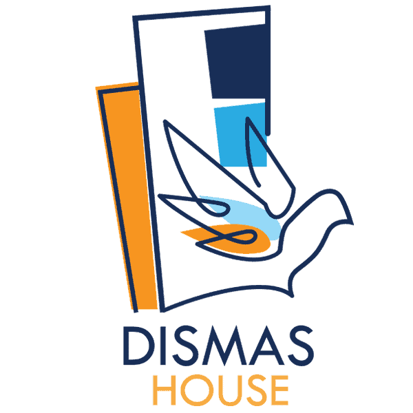 A stylized logo featuring a dove and a building with the words 'DISMAS HOUSE' underneath.
