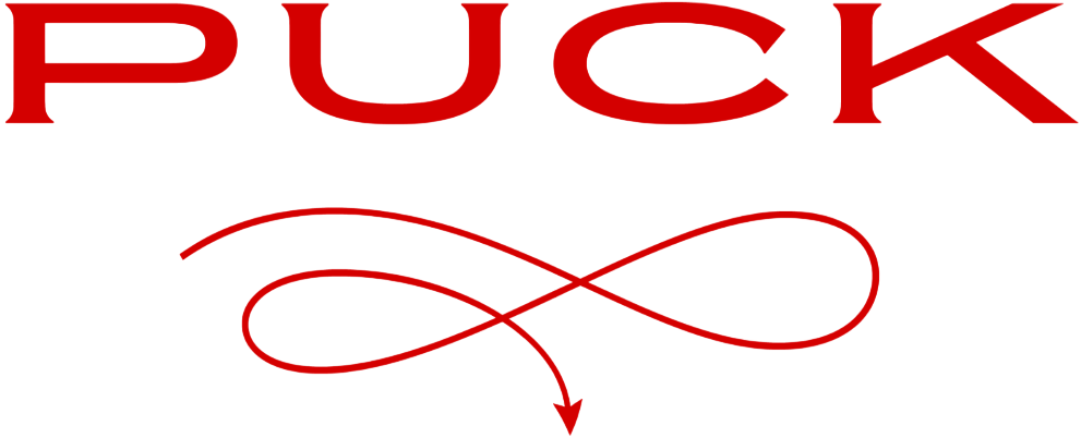 Close-up of a logo with the word 'PUCK' in large red letters and a red decorative flourish underneath.