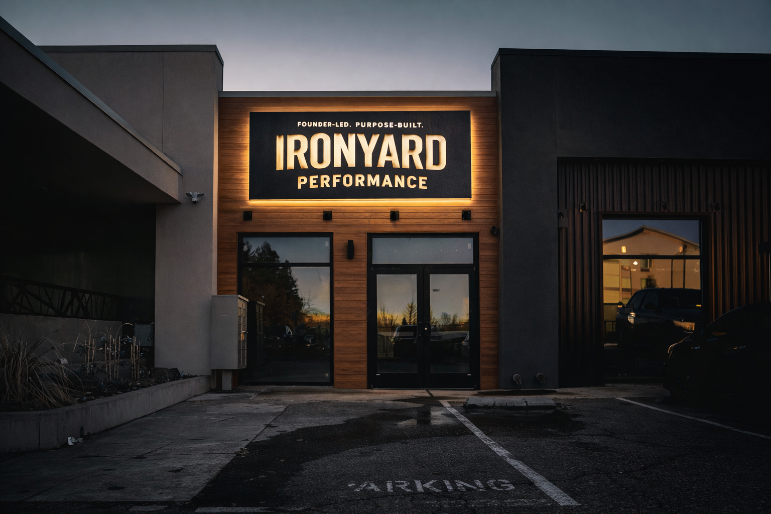 Exterior of a building with a sign reading "Ironyard Performance" and the phrase "Founder-led, purpose-built" above it, during dusk.