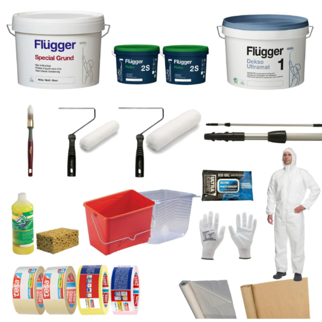 Collection d'outils et de matériaux pour travaux de réparation ou de peinture, comprenant des pots de peinture, rouleaux, pinceaux, gants, éponge, liquide de nettoyage, bâches, rubans adhésifs, et un individu en combinaison de protection.