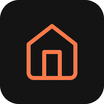Icône orange d'une maison stylisée sur fond noir.
