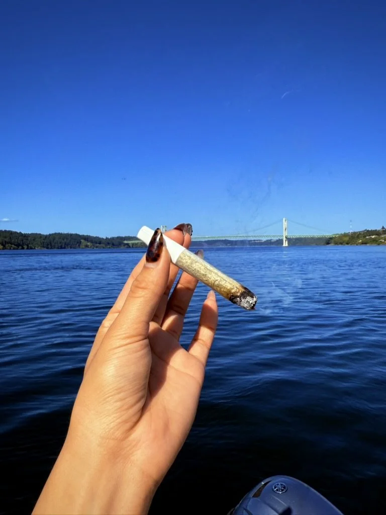Hand holding a lit joint over a body of water with a bridge in the background, clear blue sky.