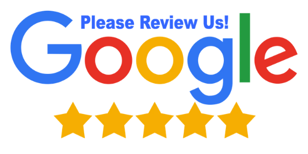 Google logo with the words "Please Review Us!" above and five gold stars below, asking for reviews.