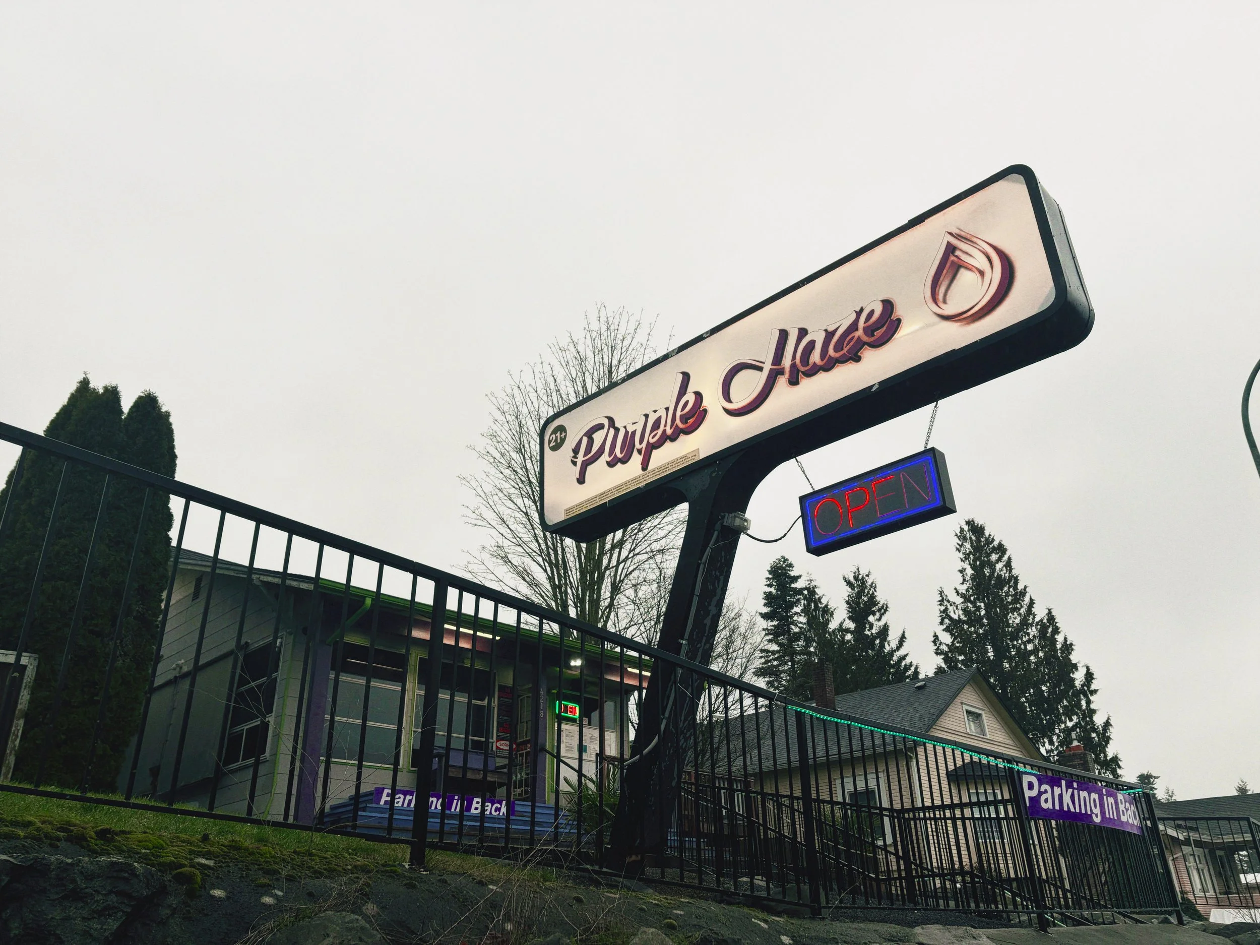 Sign for Purple Haze with a neon open sign beneath it, outside a building, surrounded by trees and a black fence, on a cloudy day.