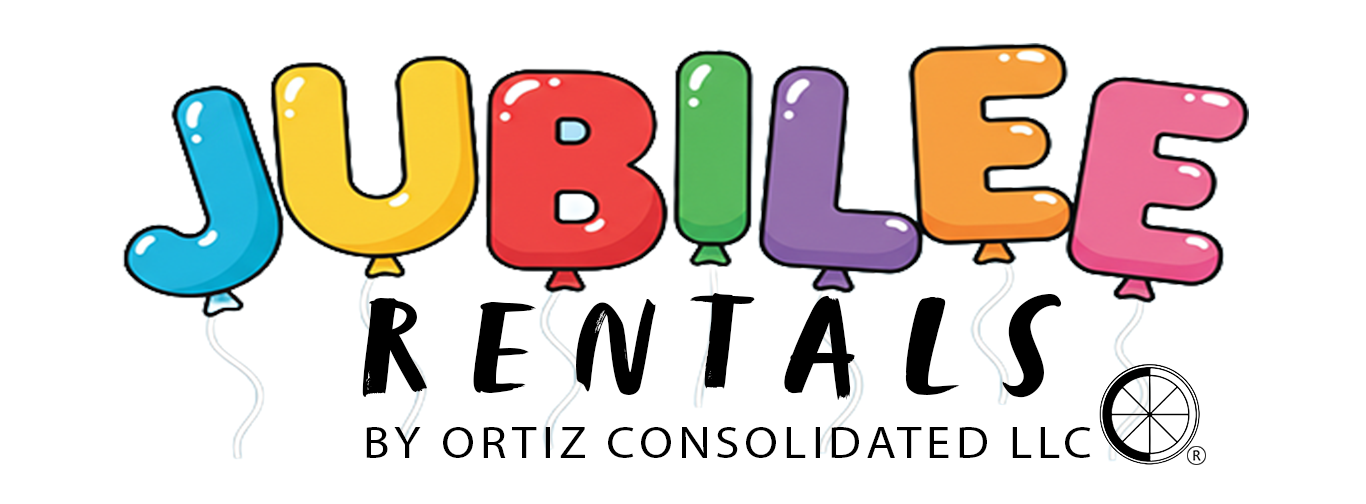 Colorful balloons spelling out 'JUBILEE' with the word 'RENTALS' below and small text 'BY ORTIZ CONSOLIDATED LLC' at the bottom.