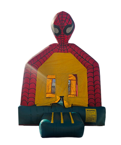 Spiderman-themed inflatable bounce house with a slide and Spider-Man face design at the top.