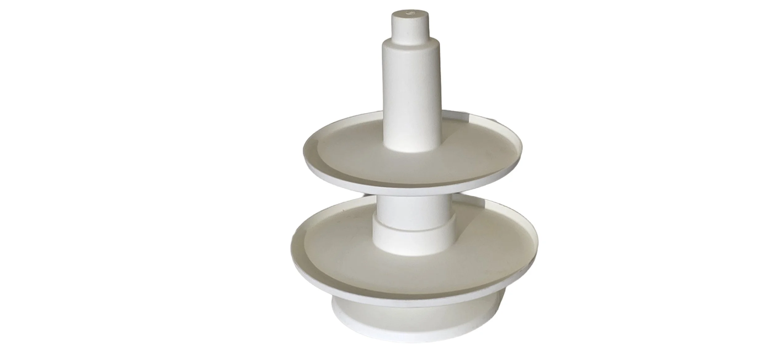 White, tiered totem-shaped display stand with three round, shallow trays connected by a central column.