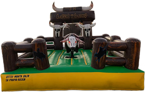 Inflatable mechanical bull with a bull skull decoration and safety padding, featuring a green and yellow base.