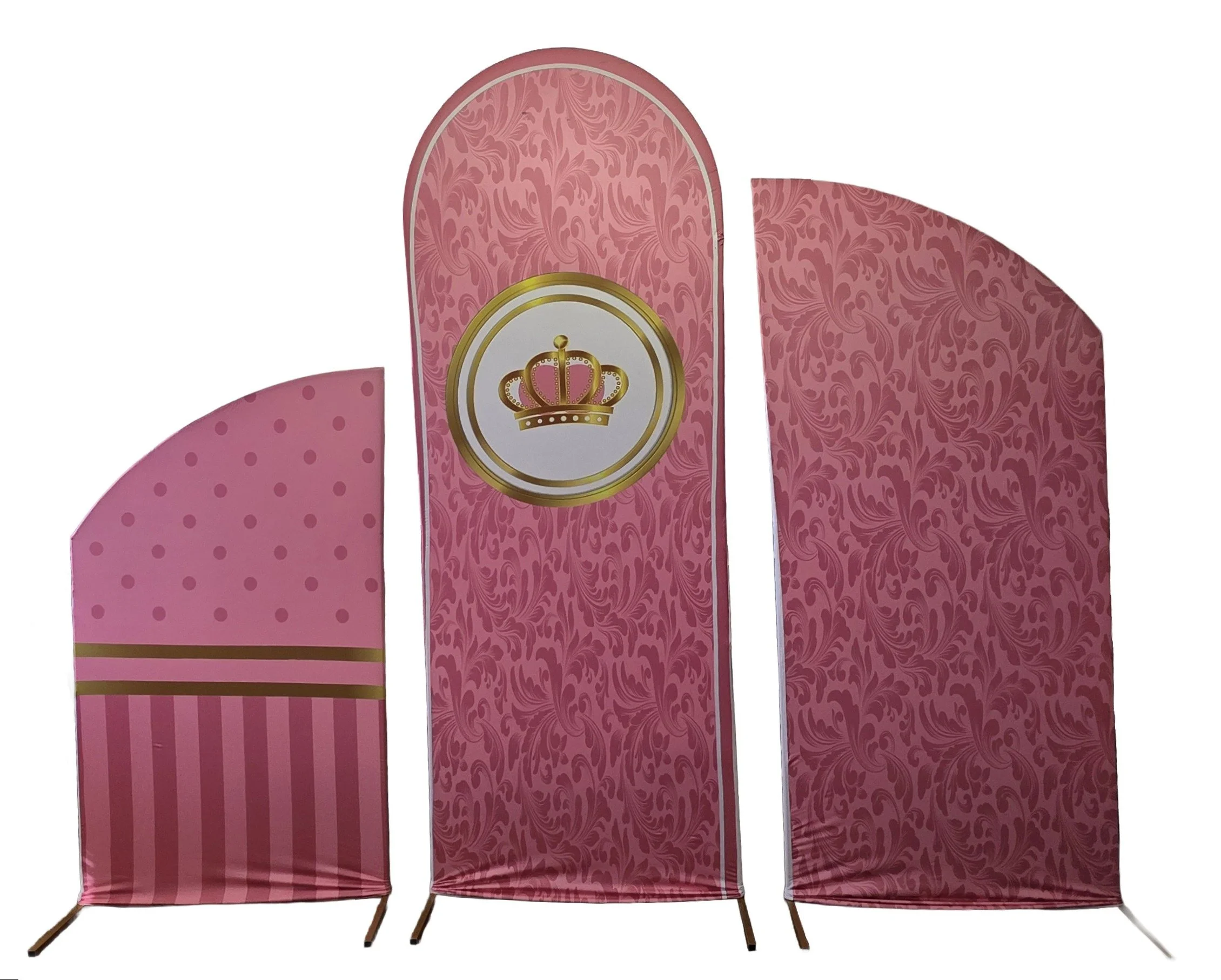 Set of three pink decorative panels with gold and crown designs, featuring floral and polka dot patterns