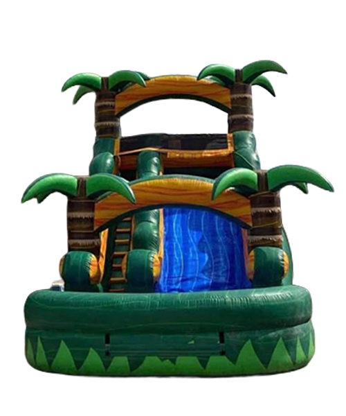 Inflatable bounce house designed like a tropical island with palm trees and a waterfall.