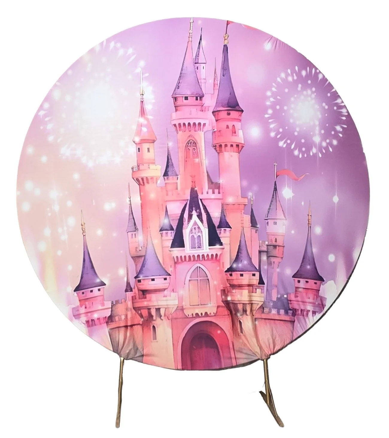 Pink and purple castle decorated for a celebration with fireworks in the background.