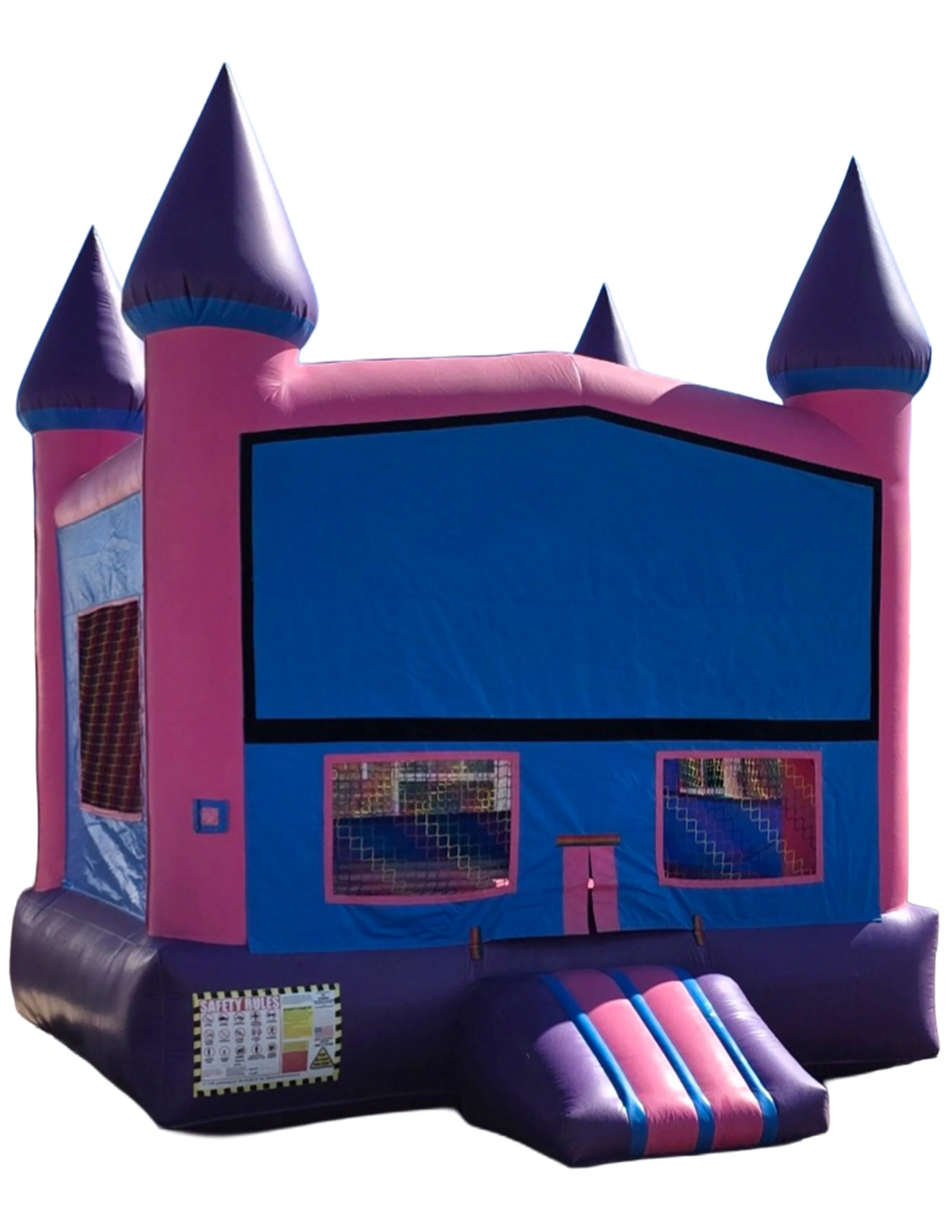 Pink and purple inflatable bounce house castle with blue accents and a slide, designed for children to jump and play.
