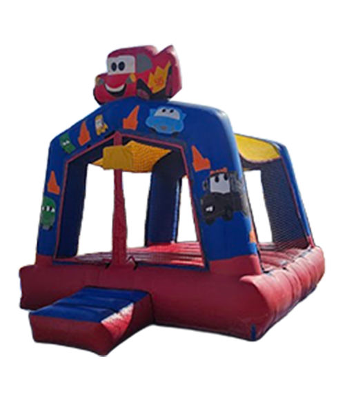 Colorful inflatable bounce house with a Disney Cars theme, featuring character images and a small slide.