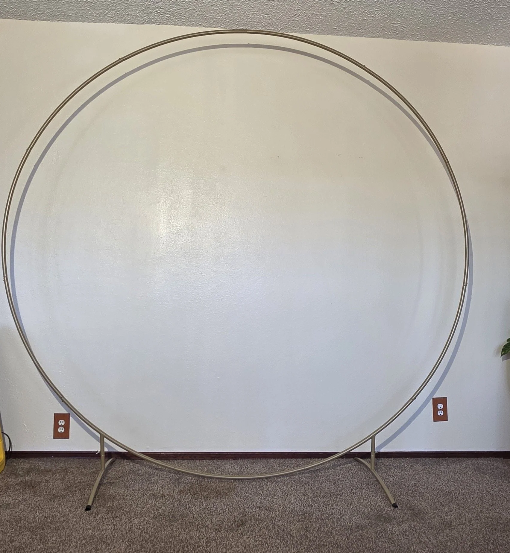 Large circular metal frame standing on a carpeted floor against a plain wall.