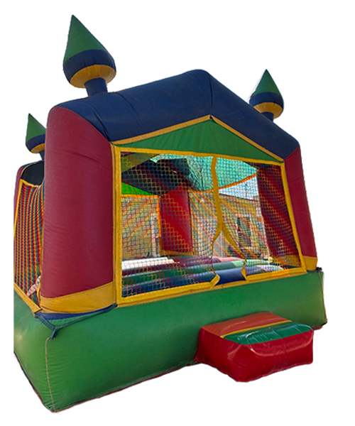 Colorful inflatable bounce house with castle design, featuring towers and mesh sides for ventilation.