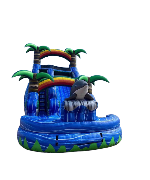 Inflatable water slide with palm trees, rainbows, and a dolphin figure at the front, set against a white background.