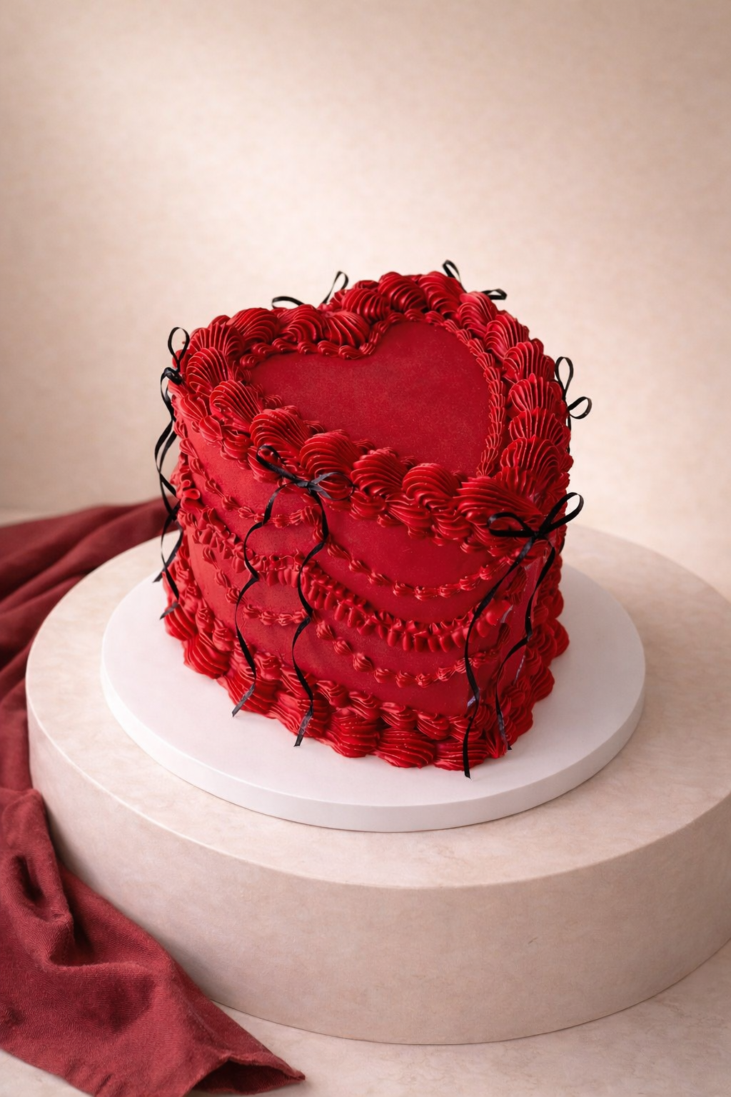 A red heart-shaped cake decorated with red and black ribbons and red frosting with intricate piped designs, placed on a white round cake board on a beige surface.