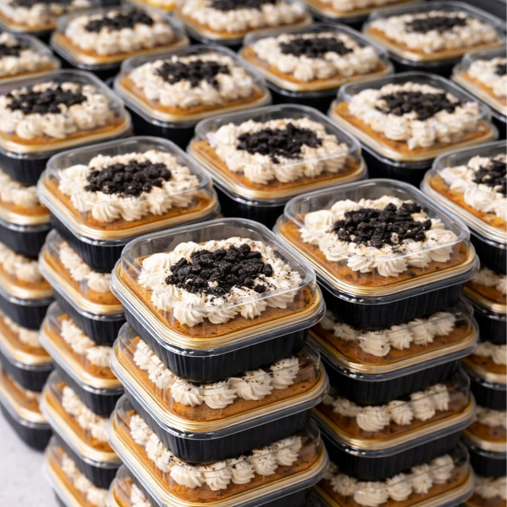 Multiple clear plastic containers filled with pumpkin dessert topped with whipped cream and crushed cookies, stacked in a display.