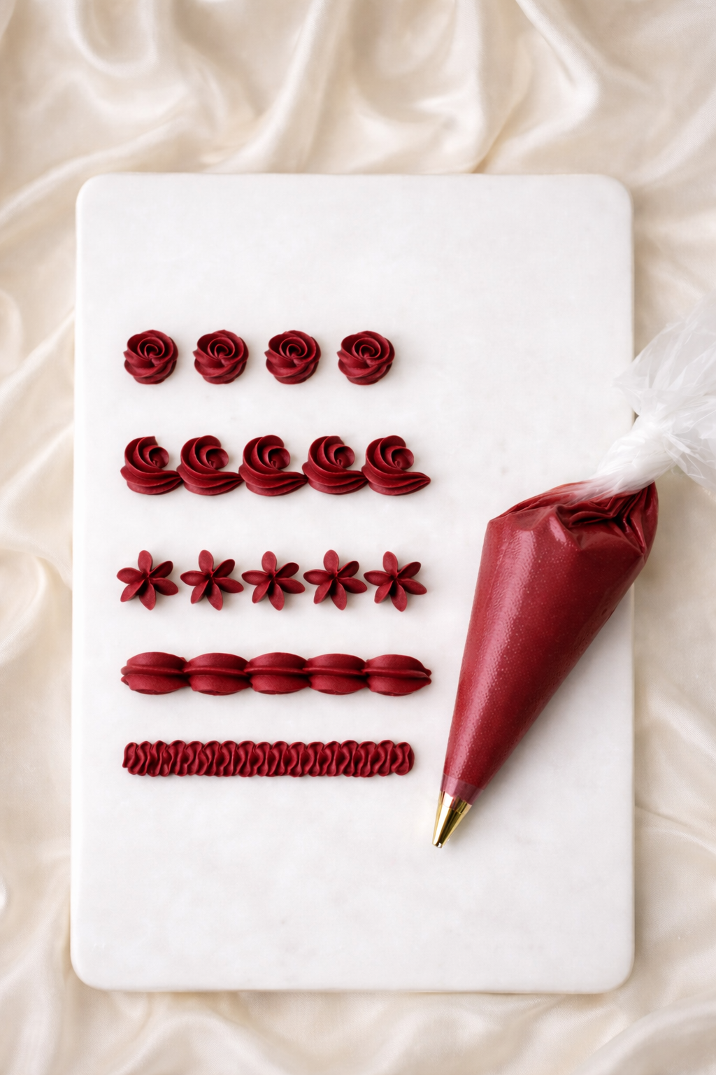 Red piping gels in various shapes on a white surface, with a large red piping bag to the right, set on a light, silky fabric background.