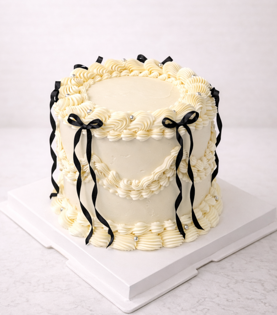 White layered cake decorated with cream swirls, black ribbons, and small silver balls, placed on a white cake board.
