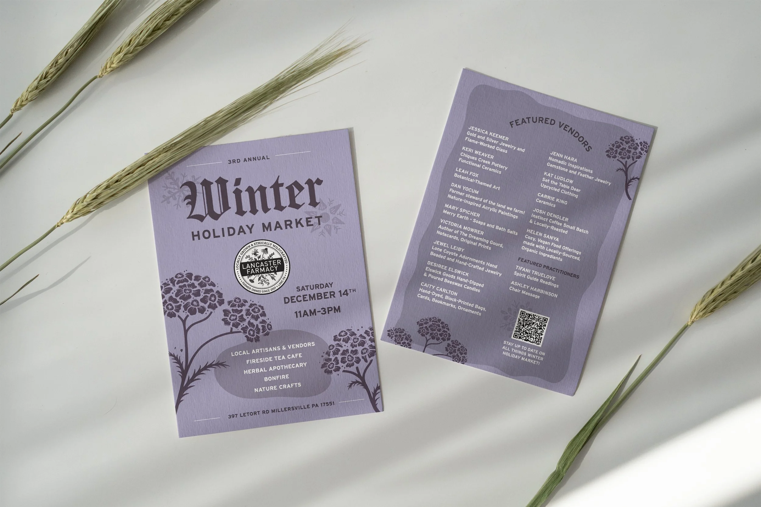 Winter Holiday Market flyer pictured with front and back face. One side has the market info and the back side lists vendors. Features graphic design work, layout design, and event branding.