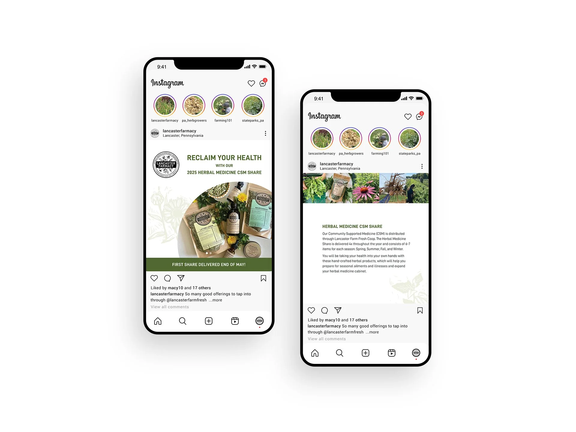 Two phones with Lancaster Farmacy Instagram posts with information about their Herbal Medicine Share.