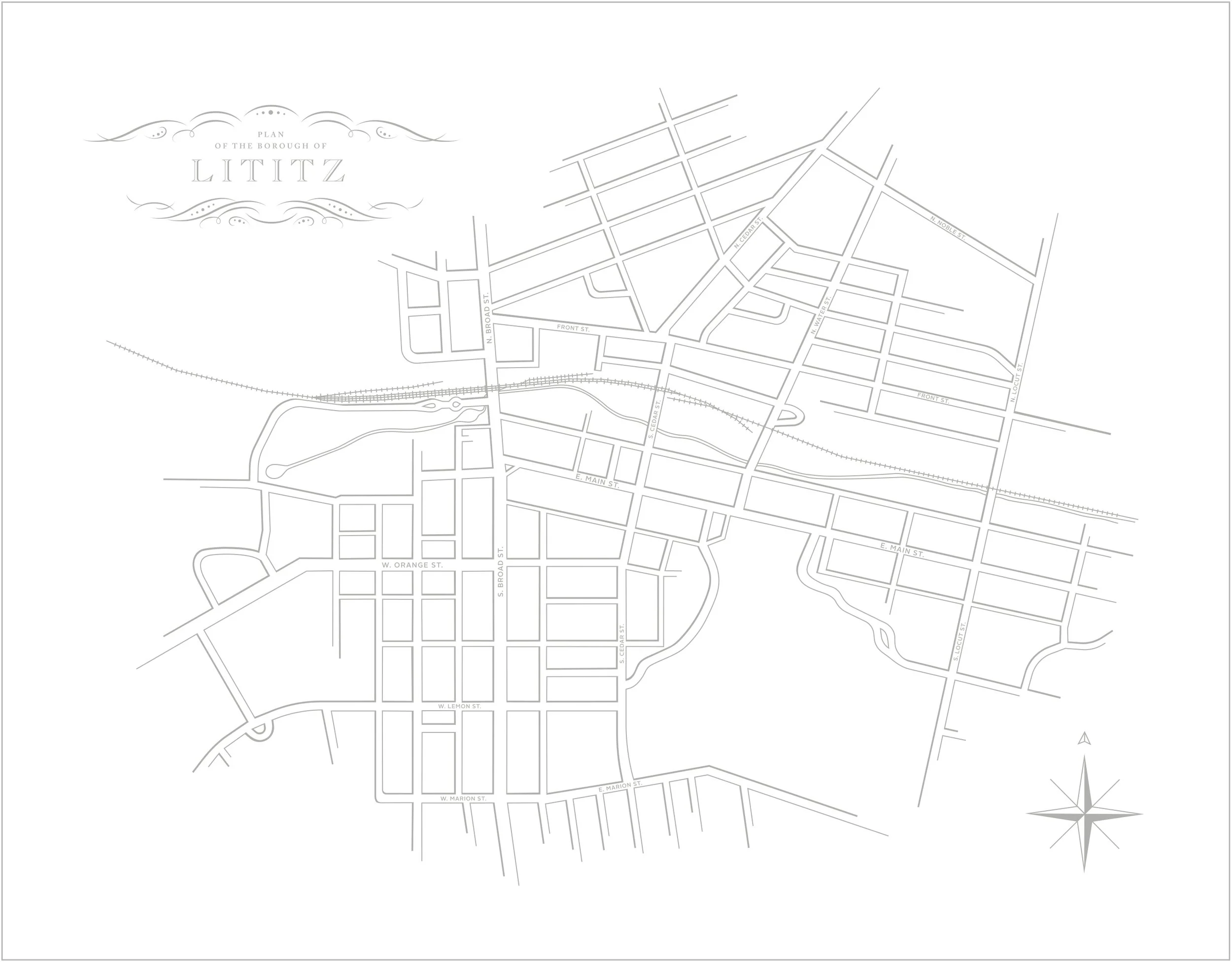 Gray and white illustrated map of Lititz, Pa.