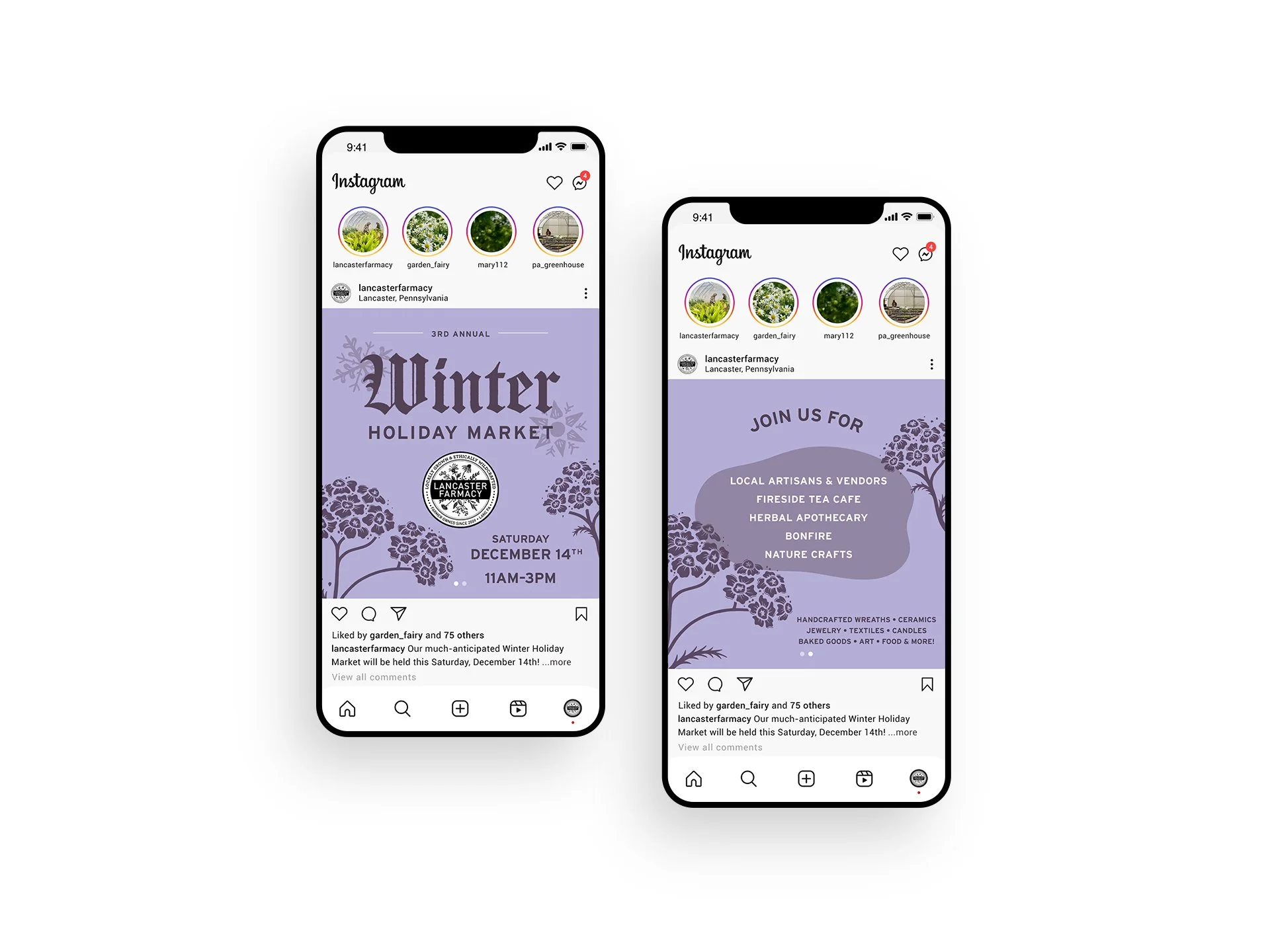 Winter Holiday Market social post on Instagram. Shows two phone screens with a carousel post. Showcases social media content creation, vector illustration work, and hierarchical layout design.