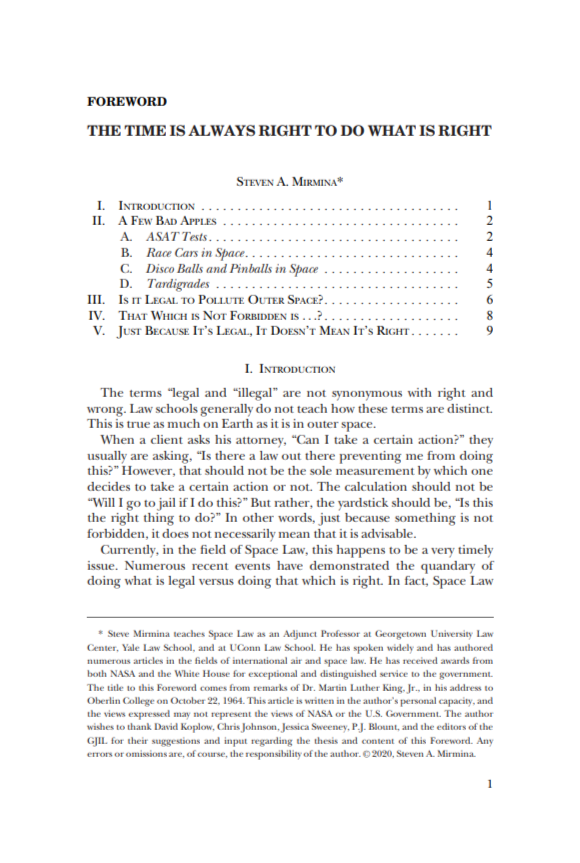 Page 1 of a book titled "Foreword: The Time is Always Right to Do What is Right" by Steven A. Mirmina, including the Table of Contents with sections on apples, space law, space-related games, and legal issues in space.