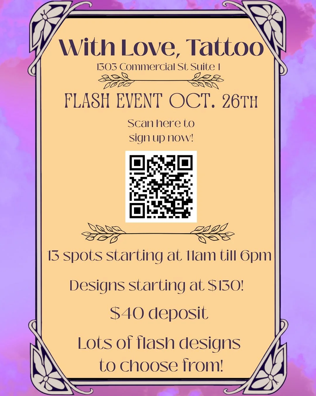 (Swipe) and link to sign up is in our Bio! Or scan QR code.
OCT 26th from 11am-6pm!  Outline Designs starting at $130. 
Black/grey shading $20 &amp; Color shading $40 
~~~~~~~~~~~~~~~~~~~~~~~~~~~~~~~
https://form.jotform.com/252867005184055 link in b