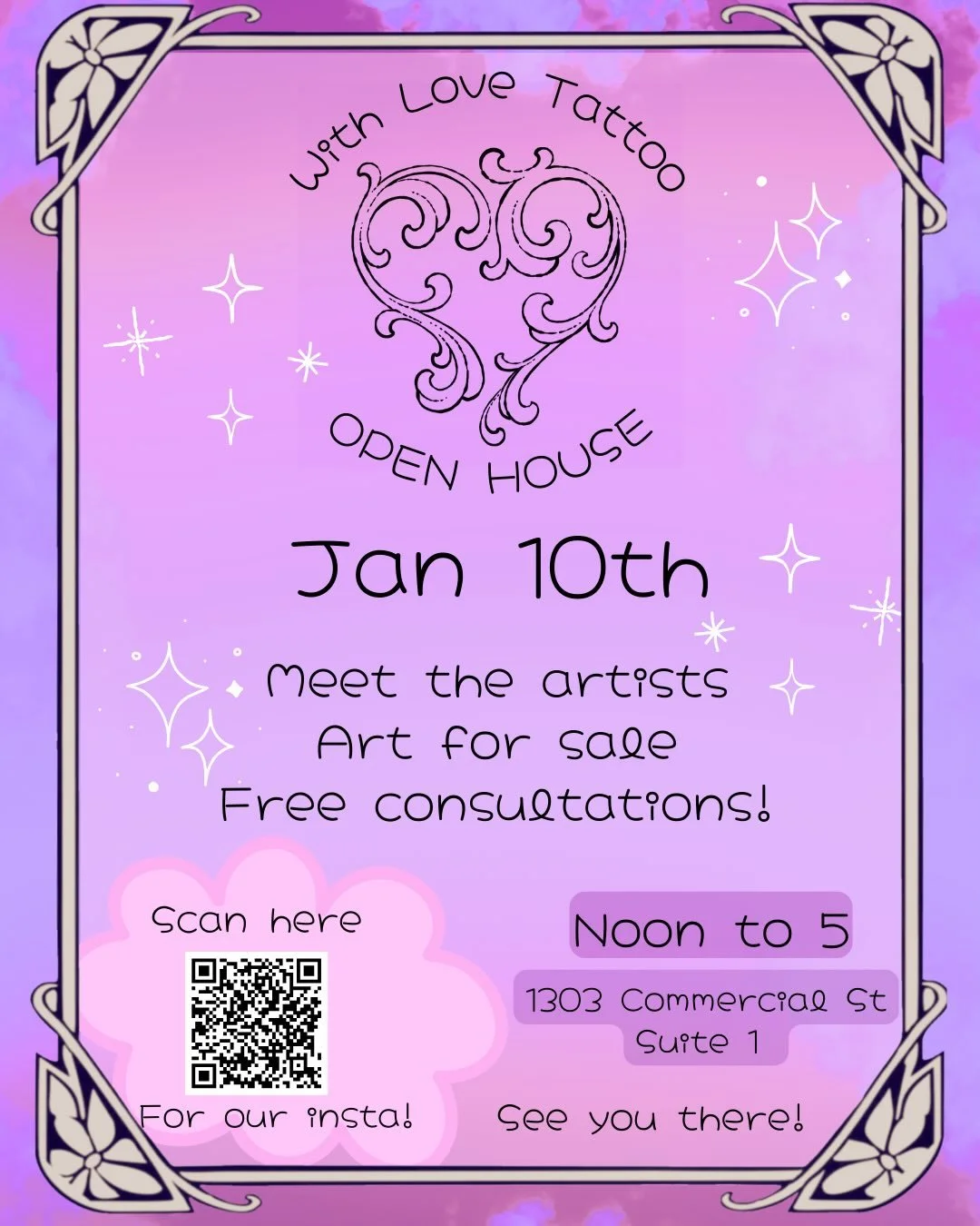 Meet all the artists tomorrow from 12-5pm, ask tattoo questions, get a tour and see all our prints/originals available for purchase!