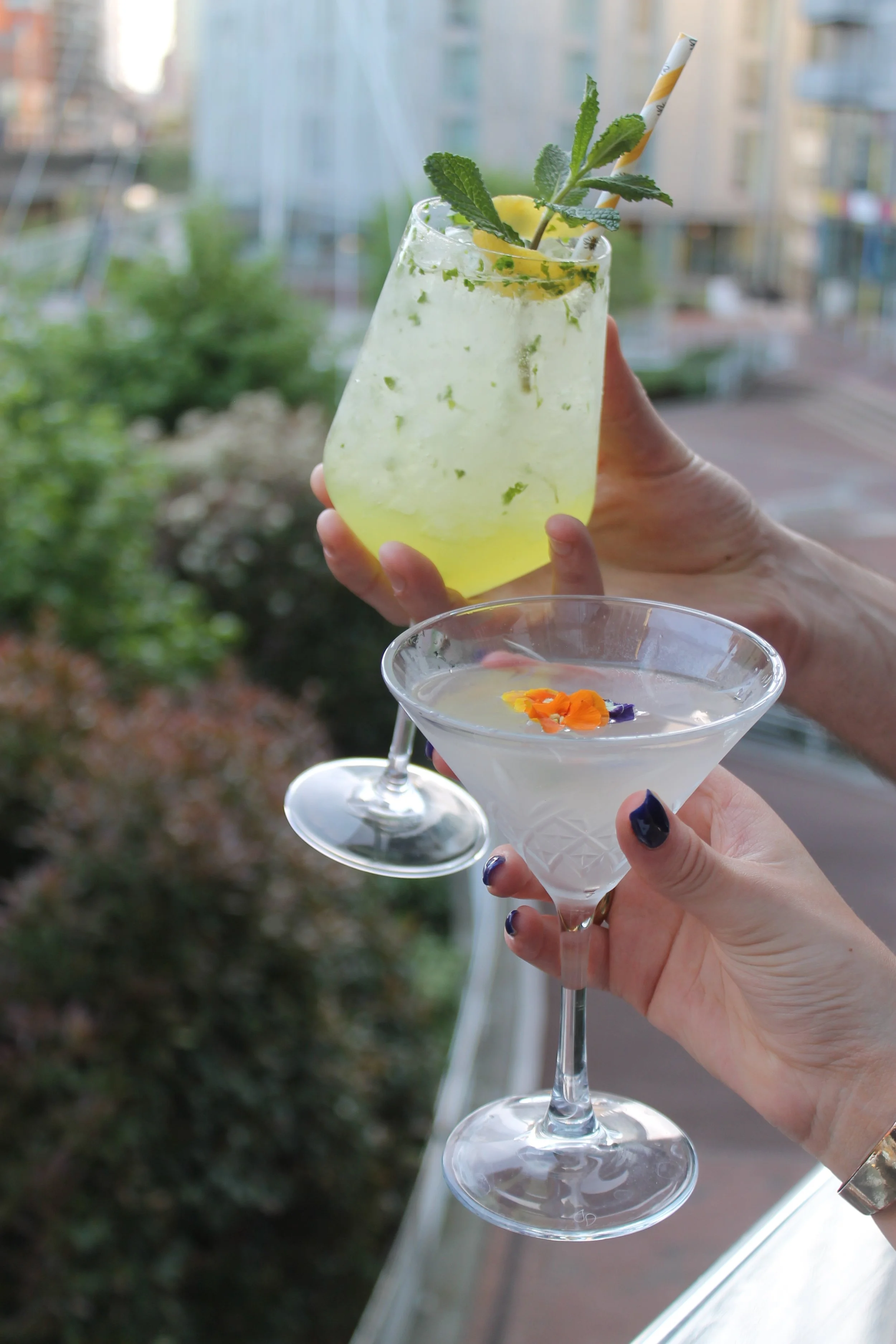 Two cocktails, one in a stemmed wine glass and the other in a highball glass, are held up outdoors against a cityscape. The drink in the highball glass is yellow-green with mint leaves and lemon garnish. The cocktail in the wine glass is clear, garnished with edible flowers.
