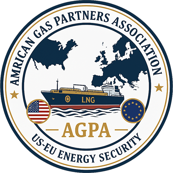 Seal of the American Gas Partners Association featuring a map of America and Europe, a LNG tanker, and flags of the U.S. and EU, with text indicating U.S.-EU energy security.