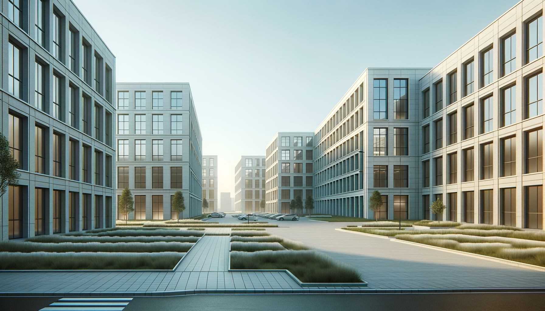 A modern courtyard surrounded by multi-story office buildings with large windows and minimalistic design, featuring landscaped grassy areas, small trees, and parked cars.