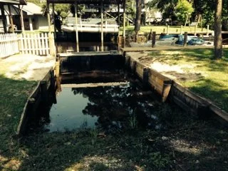 A small, narrow waterway, possibly a canal or drainage ditch, with water at the bottom. It is bordered by wooden retaining walls and surrounded by grassy areas with trees and a fence in the background.
