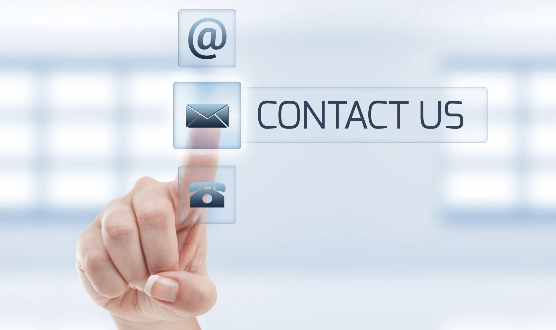 A hand points to a virtual contact us button with icons for email, phone, and at symbol in a digital interface.