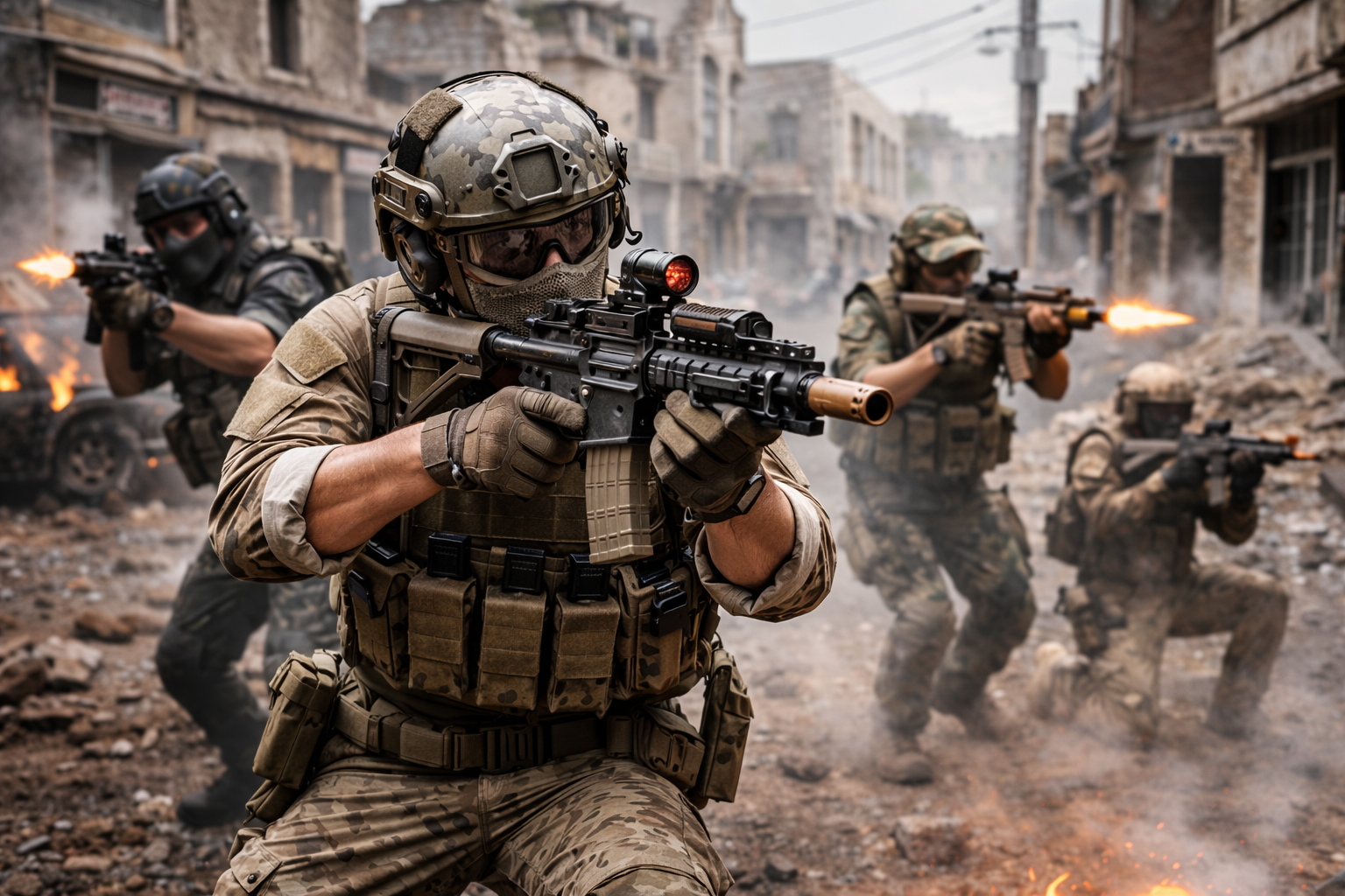 airsoft players in combat gear using airsoft weapons in a war-torn urban airsoft field environment with rubble and smoke.