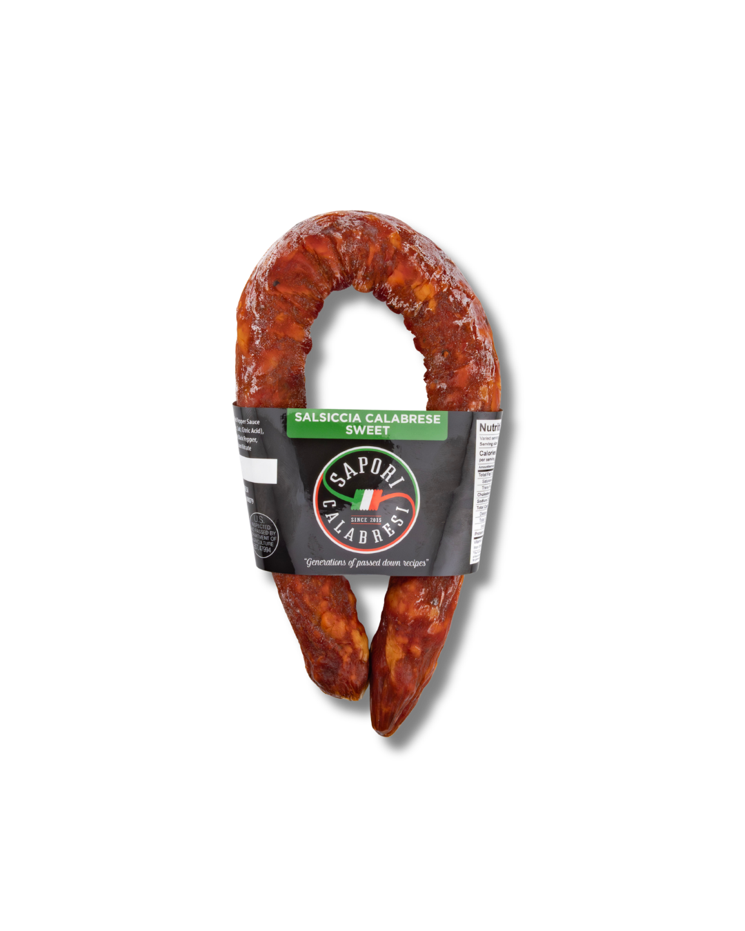 Calabrese sweet Italian sausage from Sapori Salami on a black background.